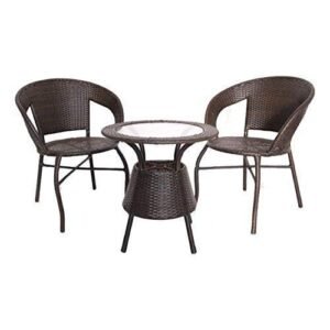 IIOF D-12 Outdoor Garden Patio Seating 2 Chairs and 1 Table Set with Glass Balcony Furniture (Brown).