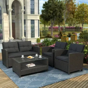 Bologna Wicker Table and Chair Set in Black Colour with Sofa