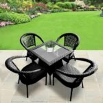 IIOF Garden Patio Seating Chairs with Rectangle Glass Table Set Balcony Outdoor Furniture with 1 Tables and 4 Chair Set (Black)