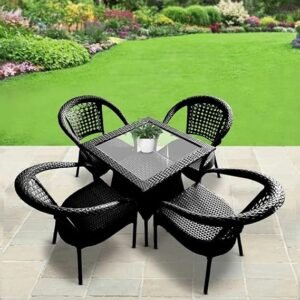 IIOF Garden Patio Seating Chairs with Rectangle Glass Table Set Balcony Outdoor Furniture with 1 Tables and 4 Chair Set (Black)