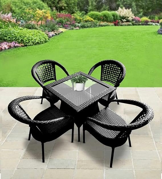 IIOF Garden Patio Seating Chairs with Rectangle Glass Table Set Balcony Outdoor Furniture with 1 Tables and 4 Chair Set (Black)