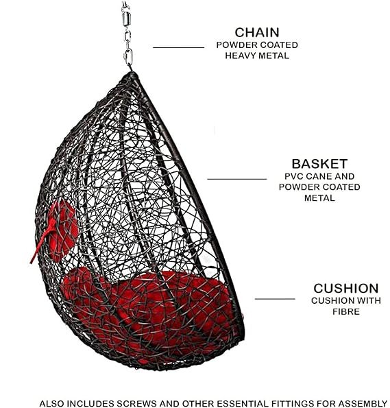 IIOF Hammock hanging swing chair with red cushion for Outdoor/Indoor/Balcony without Stand Set (Black and Red) - Image 3