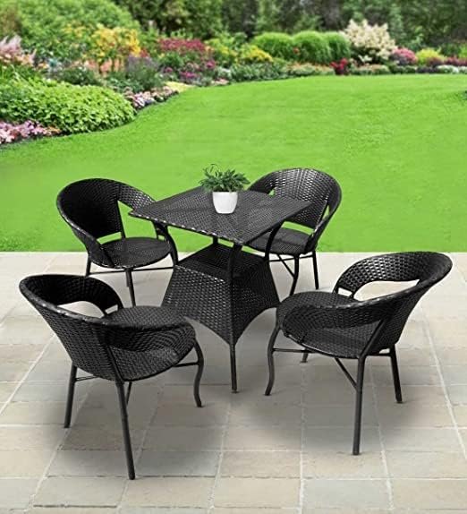 IIOF-D-12-4CHAIR+1TABLE Garden Patio Seating with Rectangle Table Set Balcony Outdoor Furniture (Black) - Image 2