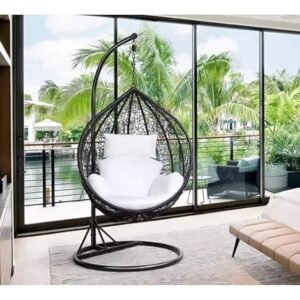 IIOF Outdoor/Indoor/Balcony/Garden/Patio Swing Chair with Stand and Cushion Set (Black and White).
