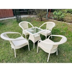 IIOF Garden Patio Seating Chairs with Rectangle Glass Table Set Balcony Outdoor Furniture with 1 Tables and 4 Chairs Set (White).