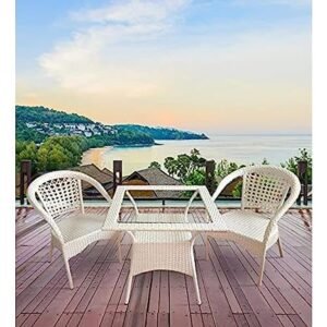 IIOF Garden Patio Seating Chairs with Rectangle Glass Table Set Balcony Outdoor Furniture with 1 Tables and 2 Chairs Set (White).