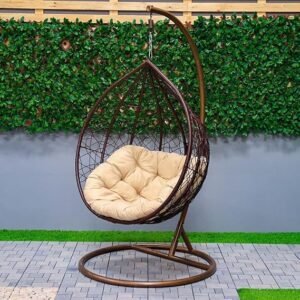 IIOF Outdoor/Indoor/Balcony/Garden/Patio Swing Chair with Stand and Cushion Set (Brown and Beige).
