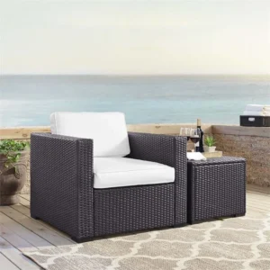 IIOF Sofa set Patio Wicker Sofa 1-Seat and Table (Dark Brown & White)