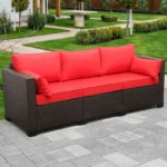 IIOF Dark Brown Red 3-Seater Patio Wicker Sofa (High Back, Non-Slip Cushioned).