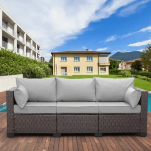 IIOF Dark Brown & Grey 3-Seat Patio Wicker Sofa (High Back, Non-Slip Cushioned)