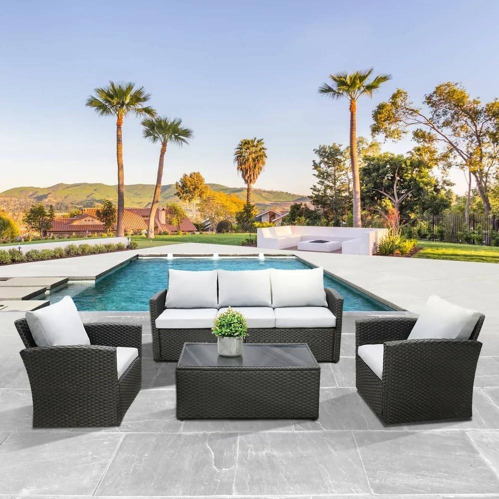 IIOF 4-Piece Rattan & Wicker Outdoor Patio Furniture Conversation Sofa Set (Black and Grey) - Image 4