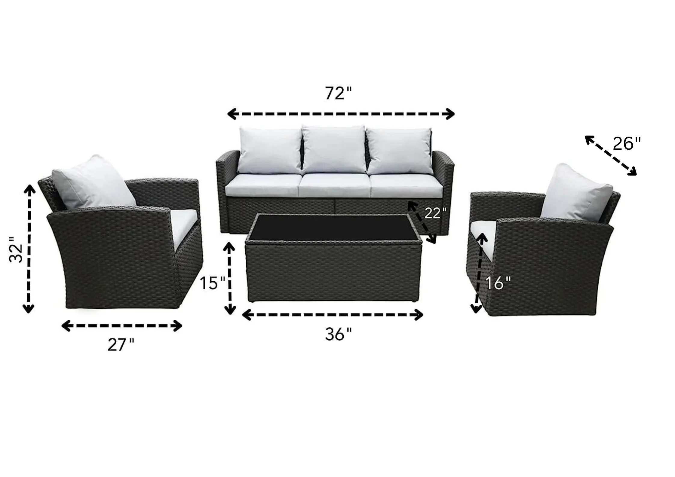 IIOF 4-Piece Rattan & Wicker Outdoor Patio Furniture Conversation Sofa Set (Black and Grey) - Image 3