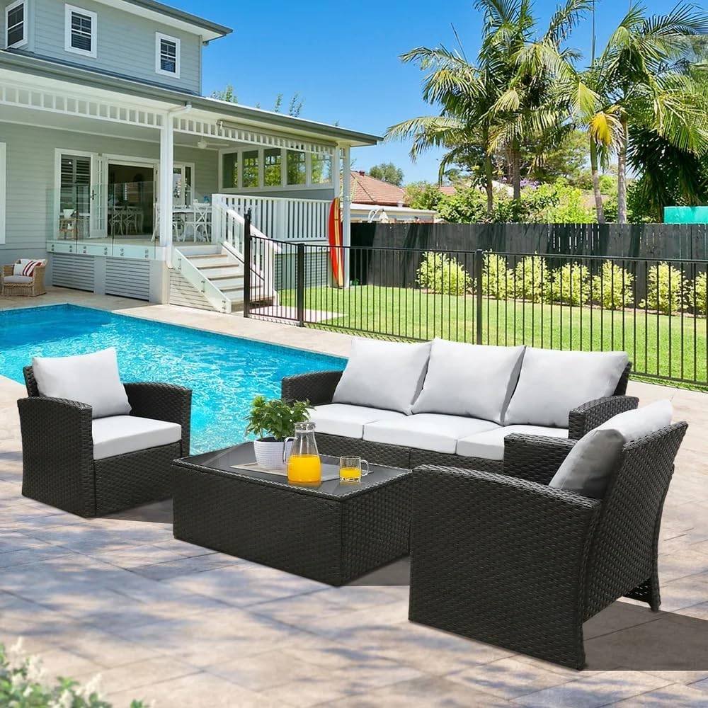 IIOF 4-Piece Rattan & Wicker Outdoor Patio Furniture Conversation Sofa Set (Black and Grey) - Image 2