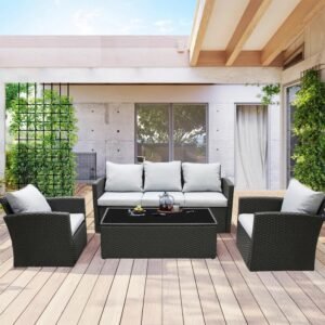 IIOF 4-Piece Rattan & Wicker Outdoor Patio Furniture Conversation Sofa Set (Black and Grey)