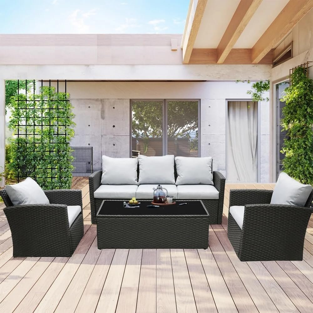 IIOF 4-Piece Rattan & Wicker Outdoor Patio Furniture Conversation Sofa Set (Black and Grey)