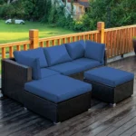 IIOF 3 Piece HDPE Wicker Rattan Garden Outdoor Sofa Furniture Set with Ottoman (Dark Brown & Blue)