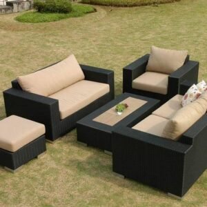 IIOF 6 Piece Outdoor HDPE Wicker Sectional Sofa Conversation Set with Center Table and Ottoman(Black & Cream)