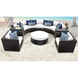 IIOF 7 Seater Outdoor Indoor Garden Sectional Wicker Half Moon Round Sofa (Dark Brown & White)