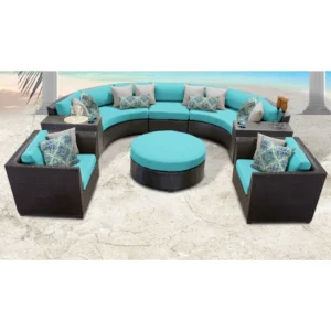 IIOF 7 Seater Outdoor Indoor Garden Sectional Wicker Half Moon Round Sofa(Dark Brown & Sky Blue)