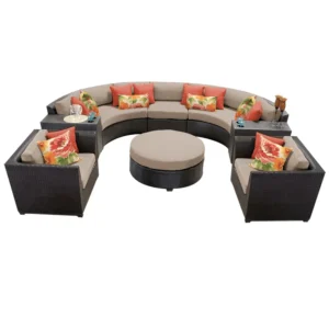 IIOF 7 Seater Outdoor Garden Sectional Wicker Half Moon Round Sofa with Ottoman (Dark Brown & Cream)
