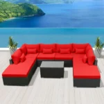 IIOF Outdoor 8 Seater Black Rattan Sectional Sofa Set with Red Cushions