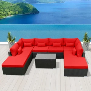IIOF Outdoor 8 Seater Black Rattan Sectional Sofa Set with Red Cushions