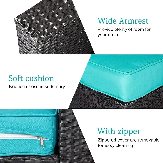 IIOF Outdoor 8 Seater Black Rattan Sectional Sofa Set with Sky Blue Cushions. - Image 7