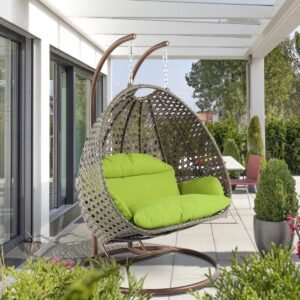 IIOF Outdoor/Garden Furniture Double Seater Hanging Swing Chair with Stand (Dark Brown & Light Green)).
