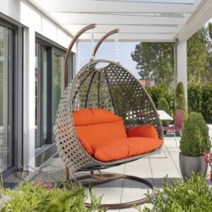 IIOF Outdoor/Garden Furniture Double Seater Hanging Swing Chair with Stand (Dark Brown & Orange)).
