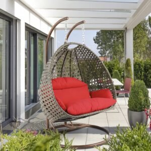 IIOF Outdoor/Garden Furniture Double Seater Hanging Swing Chair with Stand (Dark Brown & Red))