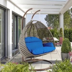 IIOF Outdoor/Garden Furniture Double Seater Hanging Swing Chair with Stand (Dark Brown & Blue)).