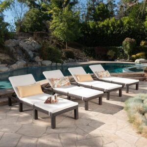 IIOF 4-Piece Outdoor Wicker Chaise Lounge Set with Adjustable Reclining Chairs and Removable Cushions (Dark Brown/Off-white)