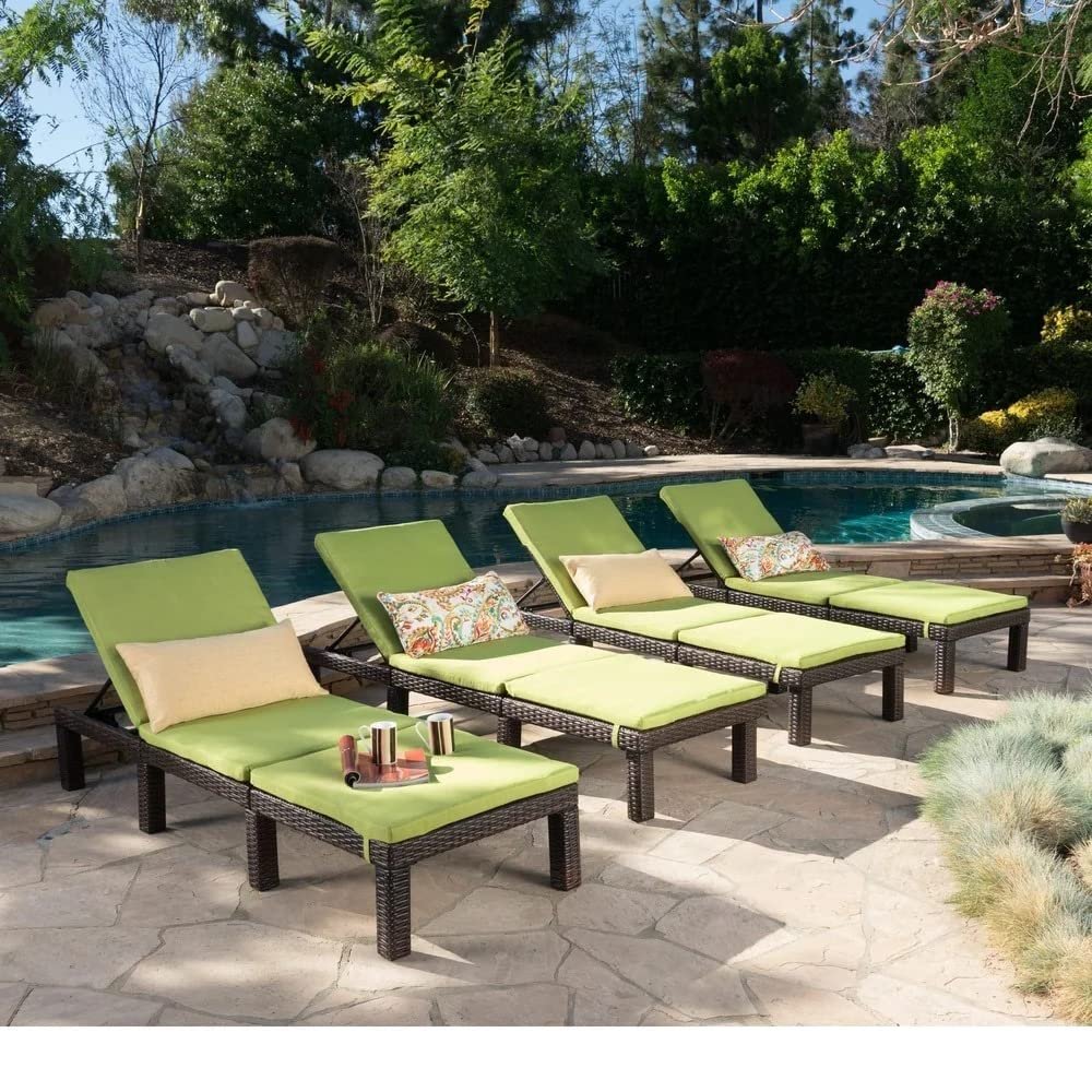 IIOF 4-Piece Outdoor Wicker Chaise Lounge Set with Adjustable Reclining Chairs and Removable Cushions (Dark Brown/Green)