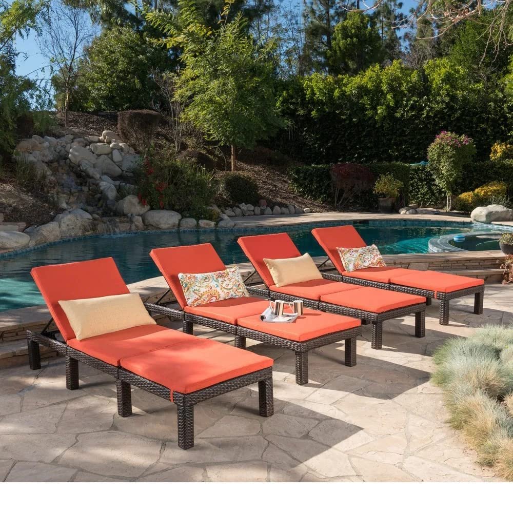 IIOF 4-Piece Outdoor Wicker Chaise Lounge Set with Adjustable Reclining Chairs and Removable Cushions (Dark Brown/Orange)