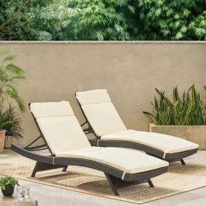 IIOF Outdoor Lounge Chair Set with Thick Cushions – Dark Brown Rattan/Cream Cushions