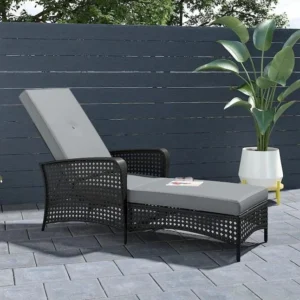 Premium Outdoor Chaise Lounge Wicker Chair, Black/Gray.