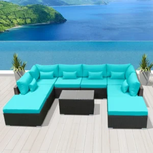 IIOF Outdoor 8 Seater Black Rattan Sectional Sofa Set with Sky Blue Cushions.