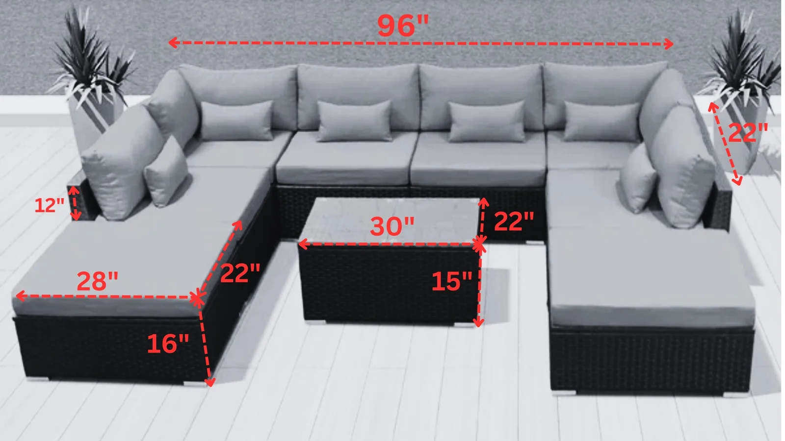 IIOF Outdoor 8 Seater Black Rattan Sectional Sofa Set with Sky Blue Cushions. - Image 5