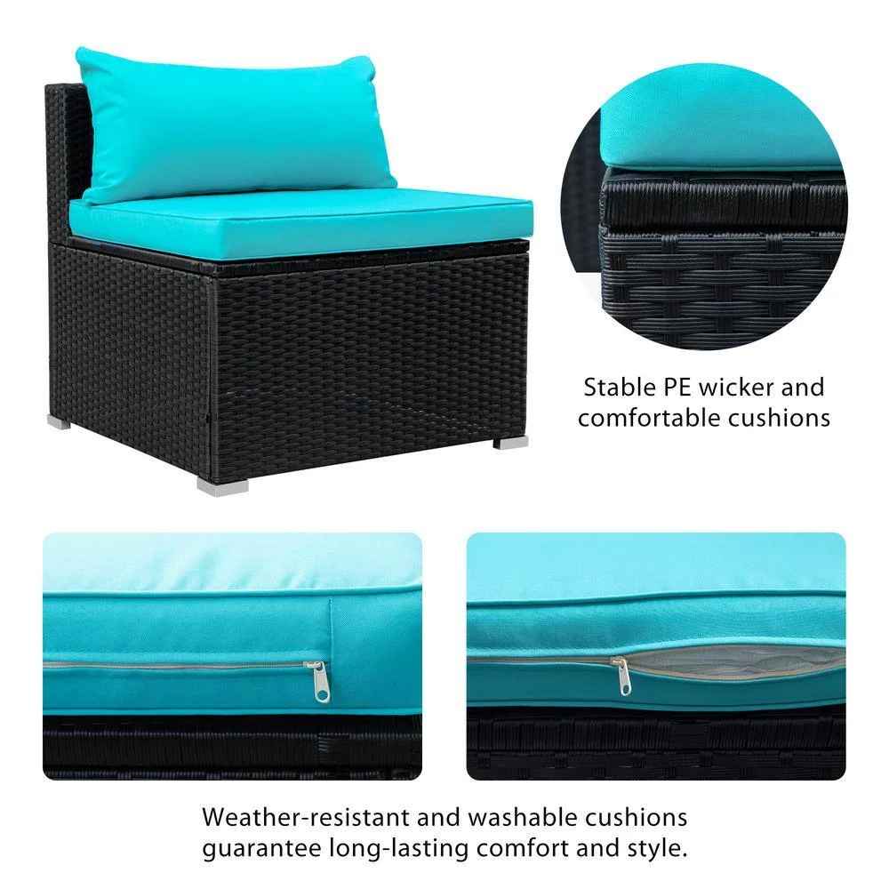 IIOF Outdoor 8 Seater Black Rattan Sectional Sofa Set with Sky Blue Cushions. - Image 2