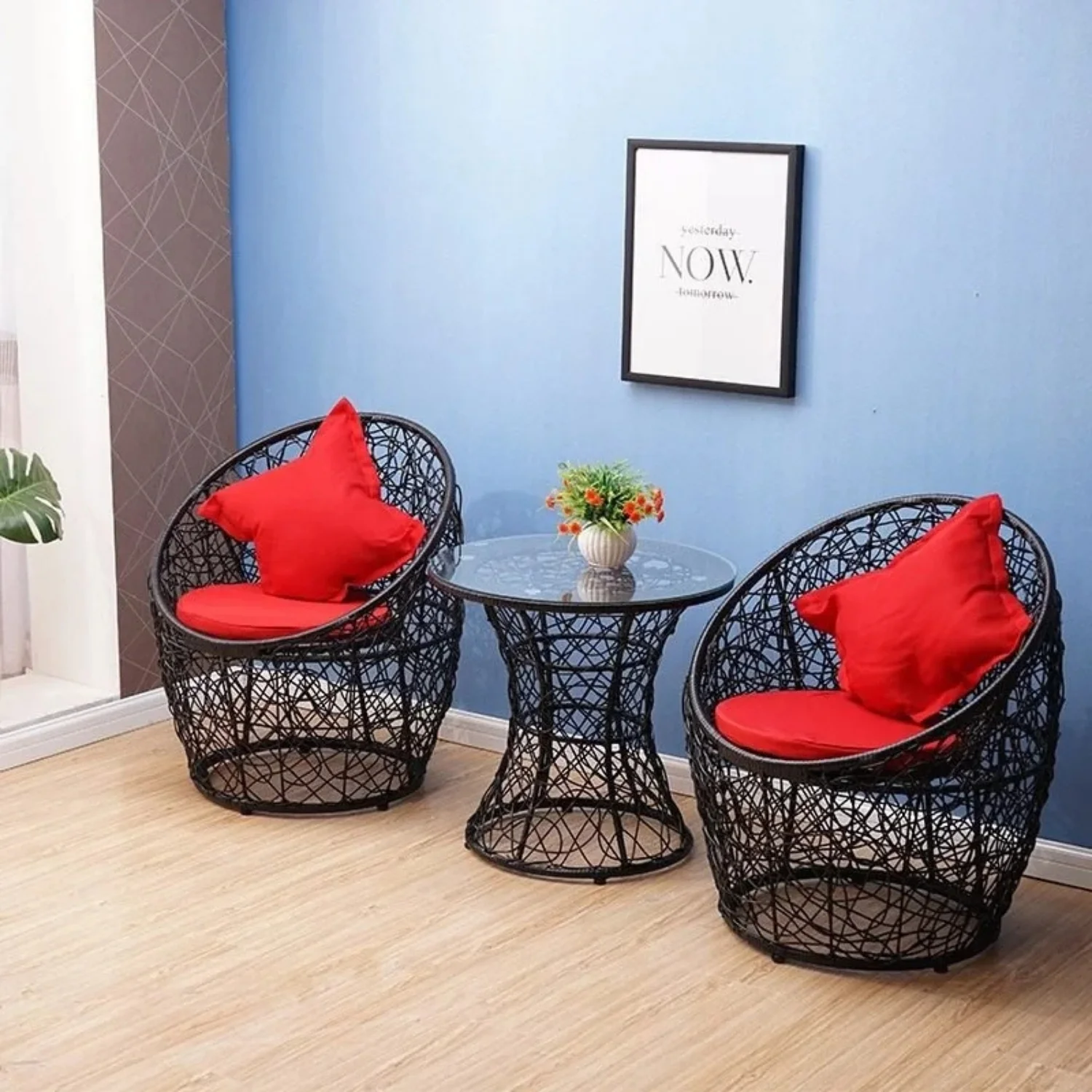 IIOF Rattan wicker Black and Red three piece chair set. - Image 2