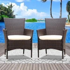 IIOF Dark Brown Patio Dining Chairs Set of 2 with Cream Cushion.